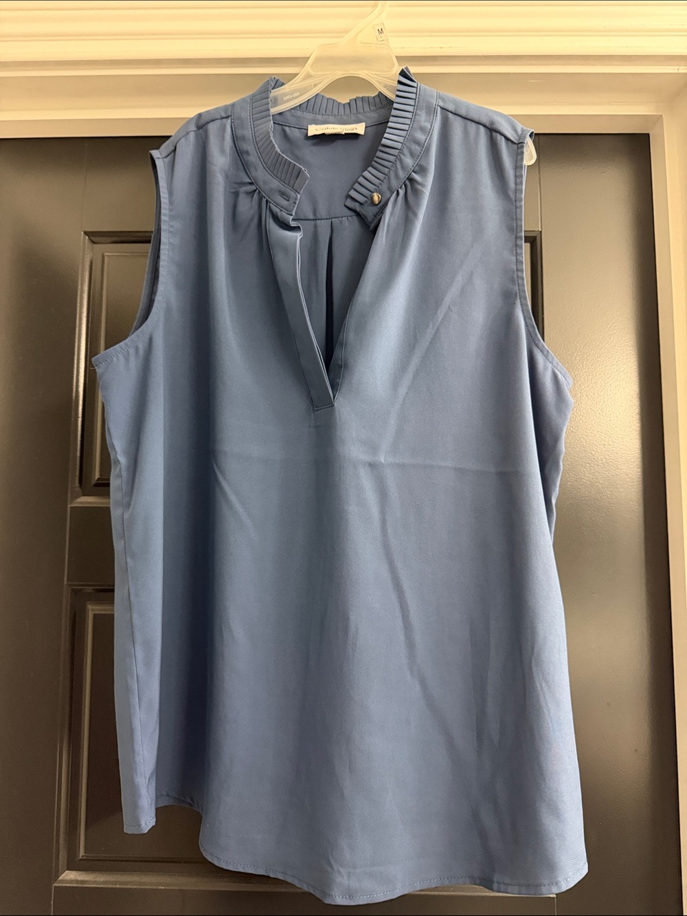 Calvin Klein Sleeveless Notch-Neck Blouse in Dusty Blue